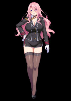 1girl alice_soft black_background black_choker black_shirt black_shoes black_skirt black_thighhighs blush breasts choker cleavage closed_mouth collarbone collared_shirt full_body gloves hair_between_eyes hand_on_own_hip horosuke huge_breasts long_hair long_sleeves looking_at_viewer mole mole_under_eye pink_eyes pink_hair shirt shoes simple_background skirt solo tachi-e thighhighs thighs white_gloves white_shirt