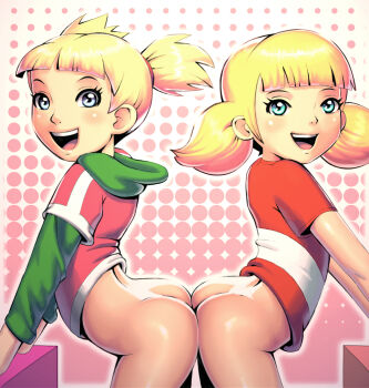 2girls :d alternate_hairstyle apostle_(artist) arched_back arm_support ass ass-to-ass back blonde_hair blue_eyes blunt_bangs blush blush_stickers butt_crack colorized cowboy_shot dic_entertainment dimples_of_venus dual_persona flat_chest from_side green_eyes hair_tie halftone halftone_background happy hood hood_down hoodie inspector_gadget legs loli long_sleeves looking_at_viewer looking_back looking_to_the_side multiple_girls naked_hoodie open_mouth outline penny_(inspector_gadget) pink_background pink_shirt polka_dot polka_dot_background red_shirt shiny_skin shirt short_hair short_sleeves short_twintails smile standing symmetry t-shirt thighs twintails white_background