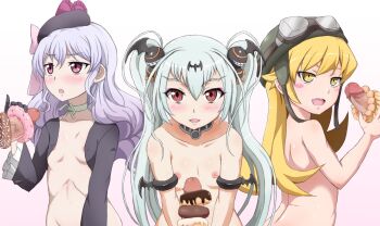 10s 3girls :o alice_(queen&#039;s_gate) aquarion_(series) aquarion_evol bakemonogatari bat_(animal) blonde_hair blush blush_stickers censored completely_nude crea_dorosera crossover donut donut_on_penis fang flat_chest food gloves goggles green_hair hair_ornament hat helmet hetero loli monogatari_(series) multiple_girls nipples nude open_clothes oshino_shinobu penis pinky_out purple_eyes purple_hair queen&#039;s_blade queen&#039;s_gate red_eyes yaomai yellow_eyes