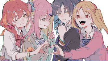 4girls asai_(00:05) blonde_hair blue_eyes blue_hair bocchi_the_rock! bow bowtie bracelet collared_shirt earrings embarrassed gotoh_hitori green_eyes gyaru hair_ornament hair_scrunchie hairclip heart heart_hands highres ijichi_nijika jewelry kita_ikuyo long_hair long_sleeves medium_hair mole mole_under_eye multiple_girls one_eye_closed one_side_up open_mouth piercing pink_hair red_eyes red_hair scrunchie shirt short_hair simple_background smile sweater very_long_hair white_background yamada_ryo