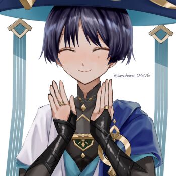 Rule 34 | 1boy, amhr 46, armor, black bodysuit, blue cape, blue hat, blue kimono, blue sleeves, blunt ends, bodysuit, bridal gauntlets, cape, closed eyes, closed mouth, covered collarbone, eyelashes, facing viewer, fingernails, genshin impact, gold, gold ring, grey bridal gauntlets, hands up, hat, highres, japanese armor, japanese clothes, jingasa, juban, kimono, kote, kurokote, layered sleeves, light blush, male focus, mandarin collar, middle ring, open clothes, open hands, open kimono, parted bangs, portrait, scaramouche (genshin impact), short sleeves, smile, solo, twitter username, wanderer (genshin impact), white background, white kimono, white sleeves, wispy bangs