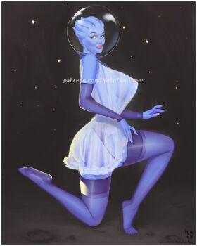 1girl alien artist_name asari_(mass_effect) ass black_garter_straps black_sleeves black_thighhighs blue_skin border breasts colored_skin detached_sleeves dress garter_straps helmet highres large_breasts liara_t'soni mass_effect_(series) metatwotimes on_one_knee outside_border patreon_username pinup_(style) retro_artstyle see-through_clothes see-through_sleeves see-through_thighhighs sleeveless sleeveless_dress solo thighhighs watermark web_address white_border white_dress