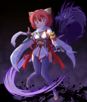 1girl animal_ears armor black_gloves blush breasts brown_sandals cat_ears clothing_cutout commentary_request dragon fingerless_gloves fishnet_top fishnets full_body gloves hair_between_eyes highres hip_vent japanese_armor japanese_clothes kimono kuji-in kunai medium_breasts ninja oekakomi open_mouth purple_background ragnarok_online red_eyes red_hair sandals shiranui_(ragnarok_online) short_hair shoulder_armor sode solo weapon white_kimono wide_sleeves zouri