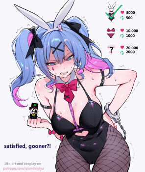 1girl absurdres animal_ear_hairband animal_ears black_leotard black_pantyhose black_ribbon blue_eyes blue_hair blush breasts clenched_teeth colored_inner_hair commentary cuffs english_commentary english_text facial_mark fake_animal_ears fishnet_pantyhose fishnets hair_between_eyes hair_ribbon hairband hand_on_own_hip handcuffs hatsune_miku highres large_breasts leaning_forward leotard long_hair multicolored_hair pantyhose pink_hair playboy_bunny qiandaiyiyu rabbit_ear_hairband rabbit_ears rabbit_hole_(vocaloid) ribbon saliva solo teardrop_facial_mark teeth twintails two-tone_hair vocaloid white_hairband