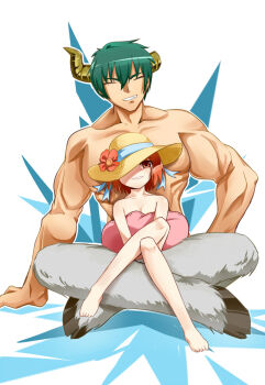 Rule 34 | 1boy, 1girl, barefoot, black hair, broken horn, brown eyes, brown hair, cushion, eien no sai tori, grin, hat, hat over one eye, hataraku maou-sama!, hooves, horns, crossed legs, maou sadao, muscular, one eye covered, sasaki chiho, satan jacob, short hair, sitting, sitting on lap, sitting on person, smile, sun hat