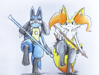 animal_ears black_hair blush bone braixen closed_mouth dog_ears dog_tail fox_ears fox_tail frown full_body furry gen_4_pokemon gen_6_pokemon highres ibutsu legs lucario nintendo pokemon pokemon_(creature) smile spikes standing standing_on_one_leg stick sweat tail traditional_media