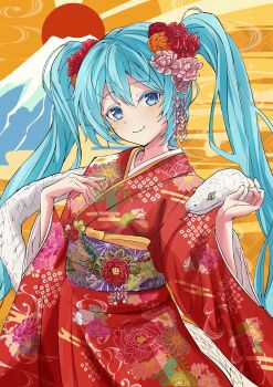 1girl absurdres aqua_eyes aqua_hair aqua_nails chinese_zodiac closed_mouth commentary_request fingernails floral_print floral_print_kimono flower hair_between_eyes hair_flower hair_ornament hatsune_miku highres japanese_clothes kimono long_hair looking_at_viewer nail_polish no_renor_en print_kimono red_kimono smile snake twintails very_long_hair vocaloid wide_sleeves year_of_the_snake yukata