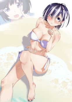 1girl ahoge ajishishi akanbe armpit_crease barefoot beach bikini bikini_skirt black_nails blue_hair blush breasts closed_mouth collarbone commentary day english_commentary eyelid_pull feet foot_out_of_frame from_above hair_between_eyes hair_ornament hairclip hand_up hanekawa_tsubasa highres knee_up large_breasts legs looking_at_viewer monogatari_(series) multicolored_hair nail_polish outdoors short_hair sitting strapless strapless_bikini streaked_hair swimsuit toenail_polish toenails toes tongue tongue_out white_bikini white_hair white_nails