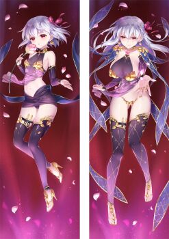 2girls black_legwear breasts breasts_apart closed_mouth dakimakura_(medium) detached_sleeves fate/grand_order fate_(series) floating_hair flower full_body hair_between_eyes hair_ribbon high_heels holding holding_flower kama_(assassin)_(first_ascension)_(fate) kama_(assassin)_(second_ascension)_(fate) kama_(fate) kama_(first_ascension)_(fate) kama_(second_ascension)_(fate) kama_(teenager)_(fate) kama_(young)_(fate) large_breasts long_hair long_sleeves looking_at_viewer microskirt midriff moeanime multiple_girls navel panties parted_lips petals pink_flower pink_ribbon purple_panties purple_skirt purple_sleeves red_background red_eyes ribbon shiny_clothes shiny_legwear shiny_skin sideboob skirt smile split_screen stomach thighhighs underwear very_long_hair white_hair yellow_panties