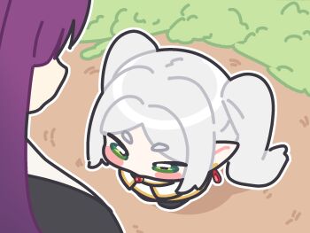 blush blush_stickers chibi commentary dirt earrings elf fern_(sousou_no_frieren) frieren from_above grass green_eyes grey_hair highres ishikoro24 jewelry long_hair looking_at_another pointy_ears purple_hair short_eyebrows solo_focus sousou_no_frieren symbol-only_commentary teardrop_earrings