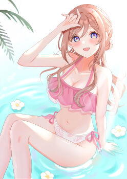1girl absurdres arm_at_side arm_up bare_arms bare_shoulders bikini blush breasts brown_hair cleavage floating_flowers flower frilled_bikini frills gakuen_idolmaster hair_between_eyes hair_over_breasts hanilz highres himesaki_rinami idolmaster large_breasts long_hair looking_up midriff navel open_mouth palm_leaf pink_bikini purple_eyes side-tie_bikini_bottom sitting smile solo swimsuit thighs water white_flower