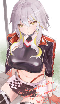 1girl absurdres azur_lane black_gloves breasts candy cosplay food gloves highres jacket large_breasts lollipop lollipop_in_mouth looking_at_viewer mohejiillust multicolored_hair navel original panties prinz_eugen_(azur_lane) prinz_eugen_(azur_lane)_(cosplay) prinz_eugen_(final_lap)_(azur_lane) race_queen red_panties skirt solo stomach streaked_hair thighhighs underwear white_hair yellow_eyes