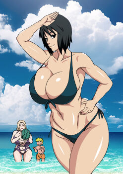 2girls absurdres beach bikini breasts erection highres huge_breasts long_hair multiple_girls naruto_(classic) naruto_(series) ocean shizune_(naruto) swimsuit tsunade_(naruto) uzumaki_naruto