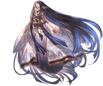 1girl absurdly_long_hair black_hair black_legwear black_leotard blue_hair closed_eyes facial_mark female_focus fingers_together forehead_mark gradient_hair granblue_fantasy harvin leotard long_hair midget minaba_hideo multicolored_hair official_art open_mouth pointy_ears rei_(granblue_fantasy) robe solo transparent_background very_long_hair white_legwear