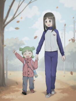 2girls :d ^_^ azumanga_daiou blue_pants blue_sky blue_track_suit blurry blurry_background brown_eyes brown_hair child closed_eyes cloud cloudy_sky coat commentary_request copyright_logo day depth_of_field facing_viewer falling_leaves full_body green_hair highres holding_hands kasuga_ayumu koiwai_yotsuba leaf logo long_hair looking_at_another multiple_girls naoyuki_arts open_mouth outdoors pants path pink_bag plastic_bottle quad_tails raised_fist red_coat road short_hair sky smile spoilers straight-on t1_(esports) track_suit twitter_username walking yotsubato!