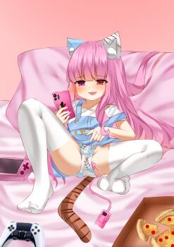 1girl absurdres akemithekitten female_focus food full_body highres loli long_hair lying on_back pizza pizza_box pizza_slice ps4_controller relaxing sex_toy solo spread_legs switch vibrator vibrator_cord