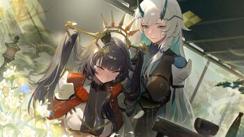 1other 2girls bird blue_hair bodysuit breasts brown_hair crown crying daiblos_core game_cg green_eyes horns impossible_bodysuit impossible_clothes large_breasts long_hair midnight_(daiblos_core) multicolored_hair multiple_girls non-web_source official_art sunrise_(daiblos_core) white_hair