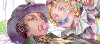2boys aqua_eyes arched_lower_eyelids ascot black_hair blonde_hair bridge_piercing brown_eyes candle candy cross-shaped_pupils eye_contact eyelashes face_piercing food freckles green_shirt half-closed_eyes harlequin hat heterochromia highres holding holding_candy holding_food identity_v looking_at_another lying male_focus mike_morton multiple_boys neck_ruff norton_campbell on_back piercing shirt star-shaped_pupils star_(symbol) stitched_mouth stitches symbol-shaped_pupils yaoi yellow_ascot yousuke_(yosk)