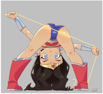 1girl aged_down ass black_hair blue_eyes boots border bracer dc_comics earrings grey_background highres holding holding_weapon jewelry kneepits lasso lasso_of_truth legs_apart leotard loli looking_through_own_legs multicolored_leotard red_boots satsuyo simple_background smile solo star_(symbol) star_earrings tiara weapon white_border wonder_woman wonder_woman_(series)