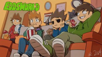 4boys :3 animal antenna_hair arm_behind_head bandage_on_cheek bass_guitar black_eyes black_pants black_shoes blue_hoodie blue_pants box brown_hair calendar_(object) cameo can cat chinese_commentary closed_eyes cola commentary_request copyright_logo copyright_name couch crossed_legs dated denim door drawstring drink drink_can eating edd_(eddsworld) eddsworld english_text flipped_hair food full_body green_hoodie green_jacket green_pants green_shoes grey_cat grin hair_behind_ear hair_ears hands_on_own_face highres holding holding_box holding_can holding_drink hollow_eyes hood hood_down hoodie in-universe_location indoors instrument jacket jeans jitome logo long_sleeves male_focus matt_(eddsworld) multiple_boys notice_lines obv._(orange666666) on_couch open_clothes orange_hair pants paul_(eddsworld) picture_frame pillow plain_epaulettes popcorn purple_hoodie reclining red_hoodie ringo_(eddsworld) shoes short_hair signature sitting sleeping smile sneakers spiked_hair stuffed_animal stuffed_toy swept_bangs tabby_cat teddy_bear tom_(eddsworld) tomee_bear_(eddsworld) tord_(eddsworld)