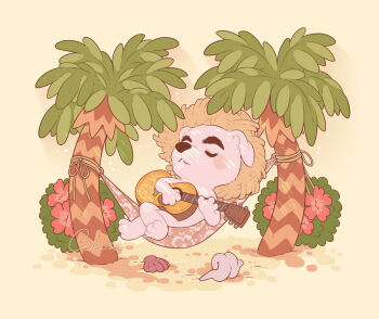Rule 34 | 1boy, acoustic guitar, animal crossing, artist name, blush, blush stickers, brown background, brown hat, bush, clam shell, closed eyes, closed mouth, commentary, conch, crossed legs, dog boy, english commentary, flower, furry, furry male, guitar, hammock, hat, holding, holding instrument, instrument, k.k. slider (animal crossing), male focus, music, nintendo, palm tree, playing instrument, reclining, red flower, samantha whitten, sand, seashell, shell, signature, simple background, sitting, solo, straw hat, tree