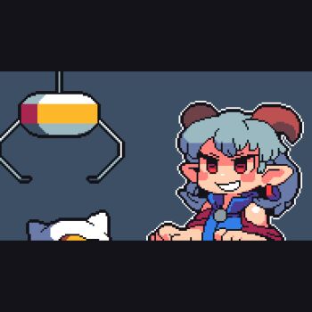 1girl animated animated_gif blue_dress blush character_doll closed_mouth commentary_request crane_game detached_sleeves doll dress earrings false_smile fumo_(doll) grey_hair grin highres horizontal_pupils horns jewelry letterboxed medium_hair outline pixel_art pointy_ears popped_collar rectangular_pupils red_eyes red_horns red_sleeves sheep_horns short_bangs simple_background smile solo tonchamon_san touhou toutetsu_yuuma upper_body white_outline yakumo_ran