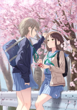 Rule 34 | 2girls, absurdres, arm at side, bag, blue cardigan, blue eyes, blue sailor collar, blue serafuku, blue shirt, blue skirt, blurry, blurry background, blush, brown cardigan, brown hair, cardigan, cellphone, cherry blossoms, commentary request, day, eye contact, falling petals, feet out of frame, from side, green neckerchief, guard rail, hair behind ear, hand up, hands up, highres, holding, holding petal, holding phone, long sleeves, looking at another, looking down, looking up, medium hair, miniskirt, multiple girls, neckerchief, nuenue, on railing, open cardigan, open clothes, original, outdoors, parted bangs, parted lips, petal on head, petals, phone, pleated skirt, pocket, profile, railing, sailor collar, school bag, school uniform, serafuku, shirt, short hair, shoulder bag, sitting, skirt, sleeves past wrists, smartphone, smile, standing, yellow eyes, yuri