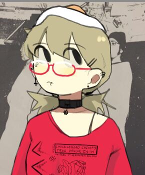 Rule 34 | 1girl, blonde hair, choker, cross, egg, glasses, highres, inverted cross, piercing, red shirt, shimeji simulation, shirt, squidmiku , yamashita majime