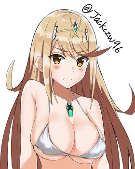 1girl bare_shoulders bikini black_bikini blonde_hair breasts cleavage commission female_focus front-tie_bikini_top front-tie_top j@ck large_breasts long_hair looking_at_viewer mythra_(xenoblade) navel nintendo solo swimsuit tiara very_long_hair wristband xenoblade_chronicles_(series) xenoblade_chronicles_2 yellow_eyes