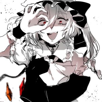 1girl ascot belt_buckle belt_collar bow buckle chain collar collarbone collared_shirt commentary_request crazy crazy_eyes crazy_smile crystal_wings drill_hair eyelashes fang flandre_scarlet frilled_hat frilled_shirt_collar frilled_sleeves frilled_wrist_cuffs frills greyscale hand_over_eye hat hat_bow highres long_hair looking_at_viewer midriff_peek mob_cap monochrome ok_sign open_mouth puffy_short_sleeves puffy_sleeves red_eyes shirt short_sleeves side_ponytail simple_background single_wing smile solo spot_color straight-on suzune_hapinesu teeth touhou upper_body upper_teeth_only vest vest_lift white_background wide-eyed wings wrist_cuffs