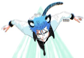 Rule 34 | 1boy, animal ears, aqua eyeliner, bleach, blue eyes, blue hair, chromatic aberration, commentary, eyeliner, grimmjow jaegerjaquez, grin, highres, jacket, jaguar ears, jaguar girl, jaguar tail, kemonomimi mode, makeup, male focus, motion blur, smile, solo, tail, twitter username, umbra (edits umbra), v-shaped eyebrows, watermark, white jacket