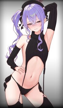 Rule 34 | 1girl, absurdres, arm behind head, arm up, armpits, asymmetrical sidelocks, beret, black hat, black panties, black sleeves, black sweater, black thighhighs, blue eyes, blue hair, cable knit, commentary request, contrapposto, cropped sweater, crossed bangs, detached sleeves, double-parted bangs, flat chest, garter straps, grin, hair between eyes, hair ribbon, hat, highres, hololive, hoshimachi suisei, looking at viewer, navel, panties, ribbed panties, ribbed sleeves, ribbed thighhighs, ribbon, side-tie panties, side ponytail, sidelocks, sleeveless, sleeveless sweater, sleeveless turtleneck, smile, solo, star (symbol), star in eye, stomach, straight-on, sweater, symbol in eye, thighhighs, turtleneck, turtleneck sweater, underwear, virgin destroyer sweater, virtual youtuber, yozora (1wkdgusdn)