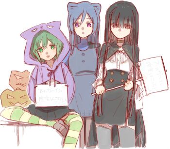 Rule 34 | 3girls, akashi manaka, animal ears, animal hood, aoki kaho, assault lily, black cape, black choker, black hair, black skirt, black thighhighs, blue hair, blue shirt, brown eyes, brown shoes, buttons, cape, cat ears, cat girl, cat hood, choker, closed mouth, commentary, cowboy shot, cropped hoodie, dress, green eyes, green hair, green thighhighs, grey dress, hair between eyes, halloween, halloween costume, hands up, high-waist skirt, highres, holding, holding sign, hood, hood up, hoodie, jack-o&#039;-lantern, kemonomimi mode, long hair, long sleeves, looking at viewer, miniskirt, multiple girls, parted lips, pencil skirt, pinafore dress, placard, pleated skirt, purple eyes, purple hoodie, rui rui rui0122, shirt, shoes, short hair, side-by-side, side slit, sidelocks, sign, sign around neck, simple background, sitting, skirt, sleeveless, sleeveless dress, standing, striped clothes, striped thighhighs, thighhighs, translated, vertical-striped clothes, vertical-striped thighhighs, very long hair, white background, white shirt, yellow thighhighs, yoshimura thi mai