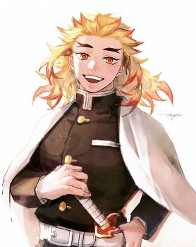 Rule 34 | 1boy, 28cg, absurdres, belt, black jacket, blonde hair, buttons, cape, highres, jacket, kimetsu no yaiba, long sleeves, looking at viewer, multicolored eyes, multicolored hair, open mouth, orange eyes, rengoku kyoujurou, signature, smile, solo, streaked hair, sword, teeth, thick eyebrows, two-tone eyes, two-tone hair, weapon, white background, white belt, white cape