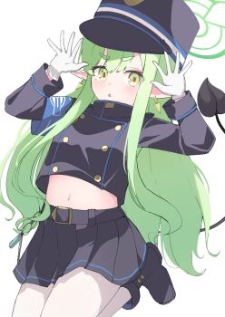 1girl absurdres belt black_belt black_boots black_hat black_jacket black_skirt blue_archive blush boots buttons commentary demon_girl demon_tail double-breasted earrings gloves green_hair green_halo hair_between_eyes halo hands_up hat highres hikari_(blue_archive) jacket jewelry kneeling knees_out_of_frame long_hair long_sleeves looking_at_viewer making_faces midriff miniskirt navel osmium-76 outstretched_hand pantyhose peaked_cap pleated_skirt pointy_ears sidelocks simple_background skirt solo tail tail_raised thick_eyebrows triangle_mouth v-shaped_eyebrows very_long_hair white_background white_gloves white_pantyhose yellow_eyes