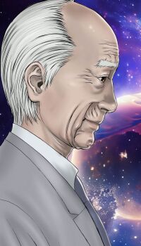 1boy balding brown_eyes closed_mouth collared_shirt formal_clothes from_side galaxy_background grey_necktie grey_suit hair_slicked_back highres inuyashiki inuyashiki_ichirou jacket long_sleeves necktie official_art oku_hiroya old old_man profile shirt short_hair smile solo space suit suit_jacket white_hair white_shirt wrinkled_skin