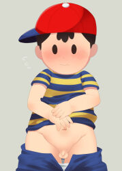 black_hair blush child clothes_pull embarrassed groin hat legs mother_(series) mother_2 nervous ness_(mother_2) nintendo penis red_hat shirt shorts shorts_pull shota sjsj_10 striped_clothes striped_shirt super_smash_bros. sweatdrop testicles underwear white_underwear yellow_shirt