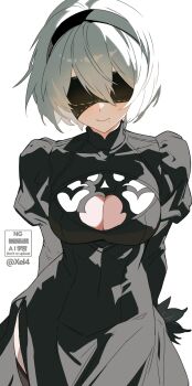 1girl 2b_(nier:automata) arms_behind_back black_dress black_headband blindfold breast_cutout breasts cleavage dress grey_hair headband highres medium_breasts medium_hair nier:automata nier_(series) smile solo standing white_background xel4