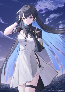 1girl absurdres black_hair black_shrug blue_hair closed_mouth colored_inner_hair cross-laced_clothes cross-laced_shorts dress earrings hair_between_eyes hand_on_own_chest hand_on_own_head highres jewelry long_hair looking_at_viewer mechanical_arms mechanical_hands multicolored_hair night night_sky punishing:_gray_raven purple_eyes selena:_capriccio_(pgr) selena_(pgr) shorts shrug_(clothing) single_mechanical_arm single_mechanical_hand sky solo takamatu_hajime thigh_strap twitter_username very_long_hair white_dress