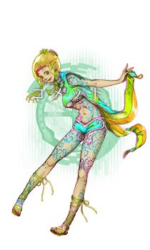 1girl blonde_hair breasts character_request copyright_request looking_at_viewer official_art open_mouth simple_background smile source_request tattoo underboob white_background