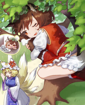 2girls ;p anger_vein animal_ear_fluff animal_ear_piercing animal_ears bloomers brown_eyes brown_hair cat_ears cat_tail chen commentary_request earrings fingernails frills from_above gold_trim hat highres jewelry juliet_sleeves long_sleeves mob_cap multiple_girls multiple_tails nekomata on_tree one_eye_closed puffy_sleeves red_skirt red_vest short_hair single_earring skirt skirt_set spoken_character swept_bangs tail teruteru_(teru_teru) tongue tongue_out touhou two_tails underwear vest yakumo_ran