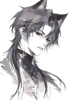 1boy a-yan absurdres animal_ears bishounen black_eyes black_hair cat_ears chinese_clothes chinese_commentary chinese_knot extra_ears eyelashes hanfu highres long_hair looking_at_viewer male_focus meng_renjian monochrome nidexintu parted_bangs parted_lips portrait simple_background solo turtleneck upper_body white_background