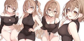 1girl absurdres ahoge alternate_costume bare_arms bare_shoulders bibixart black_choker black_dress black_shirt breasts brown_eyes brown_hair choker cleavage cleavage_cutout clothing_cutout commentary covered_navel crop_top dress earrings feather_hair_ornament feathers fingernails from_side furrowed_brow glasses hair_ornament hand_on_own_hip hand_up head_tilt heart heart_necklace highleg highleg_panties highres hololive hololive_english jewelry large_breasts long_hair looking_at_viewer midriff multicolored_hair multiple_views nanashi_mumei navel necklace no_pants off-shoulder_shirt off-shoulder_sweater off_shoulder one_side_up panties ponytail pout shirt short_hair short_shorts shorts sitting sleeveless sleeveless_dress sleeveless_shirt sleeveless_turtleneck smile stomach streaked_hair sweater thighhighs thighs turtleneck turtleneck_dress turtleneck_sweater two-tone_hair underwear v-shaped_eyebrows very_long_hair virtual_youtuber white_panties white_shorts