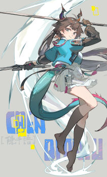 Rule 34 | 1girl, arknights, arknights: endfield, black hair, black socks, blue jacket, character name, chen qianyu (arknights), chinese commentary, closed mouth, commentary request, dragon girl, dragon horns, dragon tail, dual wielding, full body, grey background, grey eyes, highres, holding, holding sword, holding weapon, horns, jacket, kneehighs, long hair, looking at viewer, miniskirt, no shoes, open clothes, open jacket, pleated skirt, simple background, skirt, smile, socks, solo, sword, tail, tennohi, twintails, v-shaped eyebrows, very long hair, weapon, white skirt