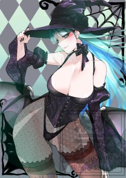adjusting_clothes adjusting_headwear bare_shoulders black_background black_hat black_pantyhose black_sleeves black_thighhighs breasts cleavage collarbone cowboy_shot darkstalkers demon_girl demon_wings detached_sleeves fishnet_pantyhose fishnets green_background green_hair halloween hat large_breasts long_hair low_wings morrigan_aensland pantyhose pink_lips rosie_rosie see-through_pantyhose simple_background thighhighs watermark wings witch_hat yellow_eyes