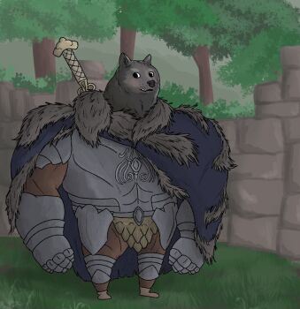 1boy anothercolouranon armor blaidd_the_half-wolf cape commentary doge elden_ring english_commentary forest full_body fur_cape furry furry_male highres meme nature outdoors plate_armor solo standing weapon weapon_on_back wolf_boy