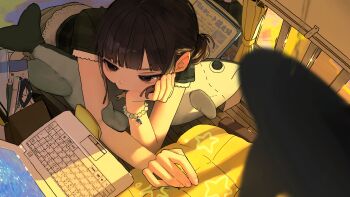 1girl absurdres bead_bracelet beads bed black_eyes black_hair blurry blurry_foreground bracelet computer curtains giant giantess hair_bun head_rest highres indoors jewelry laptop lying on_stomach original pen short_sleeves solo stuffed_animal stuffed_fish stuffed_toy sunlight tarou_(pixiv116735762) window window_shadow wooden_floor yurie_mouth