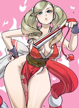 1girl atlus blonde_hair blue_eyes breasts cleavage cosplay fatal_fury female_focus hand_fan highres holding holding_fan japanese_clothes large_breasts looking_at_viewer pelvic_curtain persona persona_5 shiranui_mai shiranui_mai_(cosplay) solo takamaki_anne the_king_of_fighters twintails