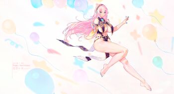 1girl absurdres artist_name balloon bare_legs bare_shoulders barefoot black_dress blue_eyes breast_curtains breasts cleavage commentary_request dated dress english_text feet floating floating_hair hair_between_eyes hairband hand_up highres holding holding_balloon large_breasts legs long_hair looking_at_viewer megurine_luka midair nail_polish navel parted_lips pelvic_curtain pink_hair signature smile solo songjiangcc thighs toenails toes very_long_hair vocaloid