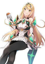 Rule 34 | 1girl, armor, arms at sides, blonde hair, breasts, chest jewel, core crystal (xenoblade), dress, drop earrings, earrings, elbow gloves, gloves, gluteal fold, hands up, highres, impossible clothes, jewelry, large breasts, long hair, misu kasumi, mythra (massive melee) (xenoblade), mythra (xenoblade), nintendo, pantyhose, shoulder armor, skindentation, smile, solo, super smash bros., swept bangs, tiara, white dress, white gloves, xenoblade chronicles (series), xenoblade chronicles 2, yellow eyes